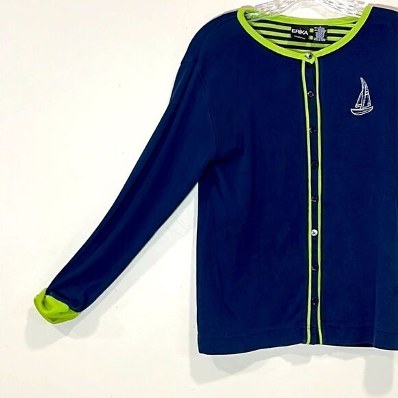 Blue & Green Nautical Button Up Sweater By Erika Collection. Size Large. - Picture 3 of 6
